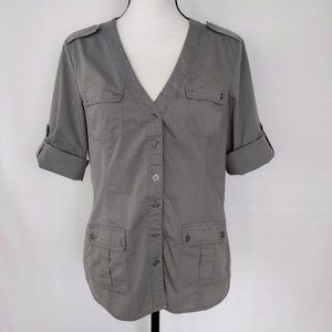 New York & Co Gray Roll Tab Sleeve Casual Button Down Utility Shirt